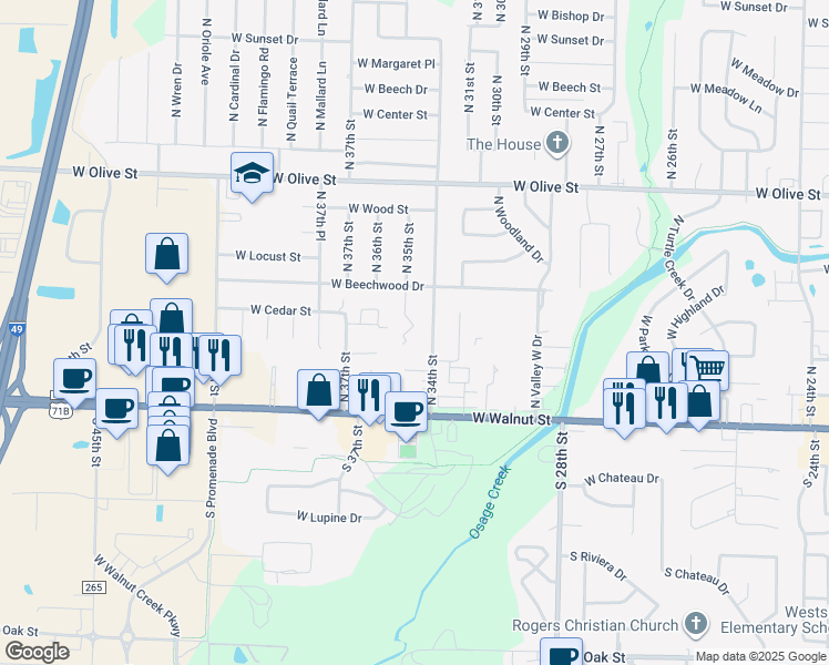 map of restaurants, bars, coffee shops, grocery stores, and more near 401 North 35th Street in Rogers