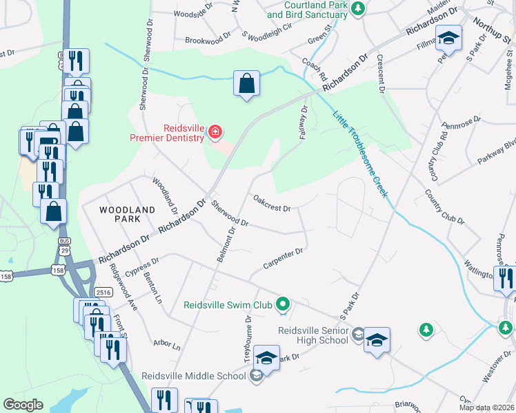 map of restaurants, bars, coffee shops, grocery stores, and more near 1919 Belmont Drive in Reidsville