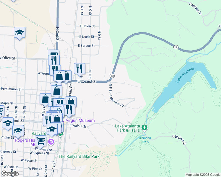 map of restaurants, bars, coffee shops, grocery stores, and more near 519 North F Street in Rogers