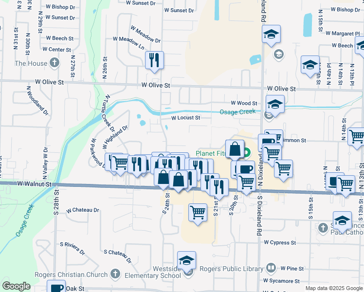 map of restaurants, bars, coffee shops, grocery stores, and more near 2320 West Beechwood Drive in Rogers