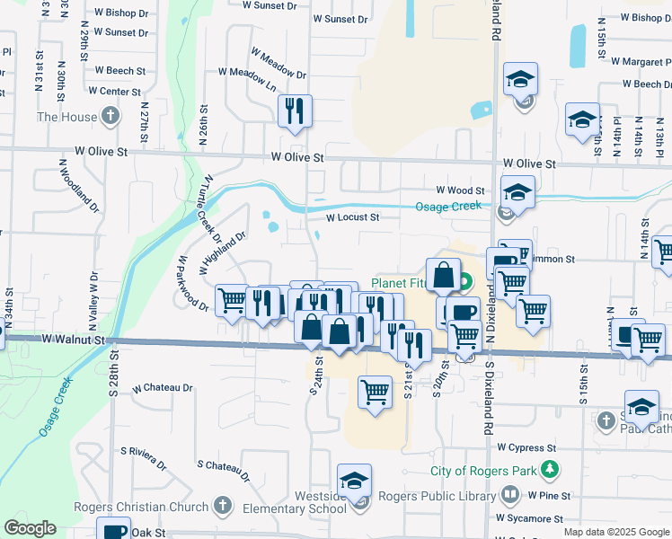 map of restaurants, bars, coffee shops, grocery stores, and more near 2320 West Beechwood Drive in Rogers