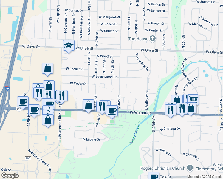 map of restaurants, bars, coffee shops, grocery stores, and more near 402 North 34th Street in Rogers