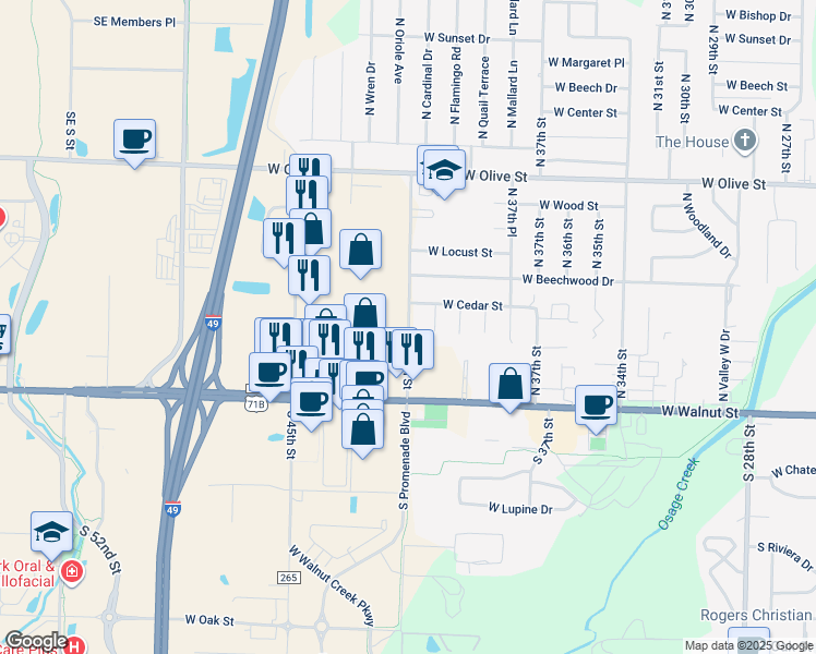 map of restaurants, bars, coffee shops, grocery stores, and more near 409 N 40th St in Rogers