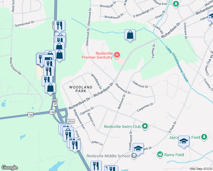 map of restaurants, bars, coffee shops, grocery stores, and more near 1310 Woodland Drive in Reidsville
