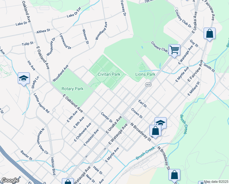 map of restaurants, bars, coffee shops, grocery stores, and more near 1401 East Chilhowie Avenue in Johnson City