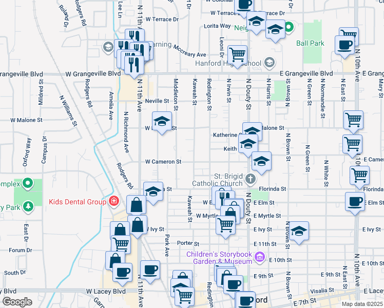 map of restaurants, bars, coffee shops, grocery stores, and more near 1204 Kaweah Street in Hanford
