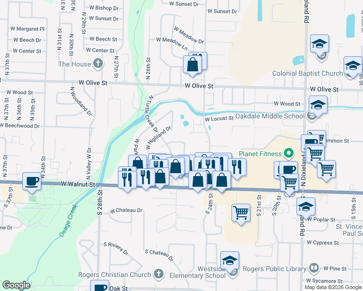 map of restaurants, bars, coffee shops, grocery stores, and more near 2726 West Highland Circle in Rogers