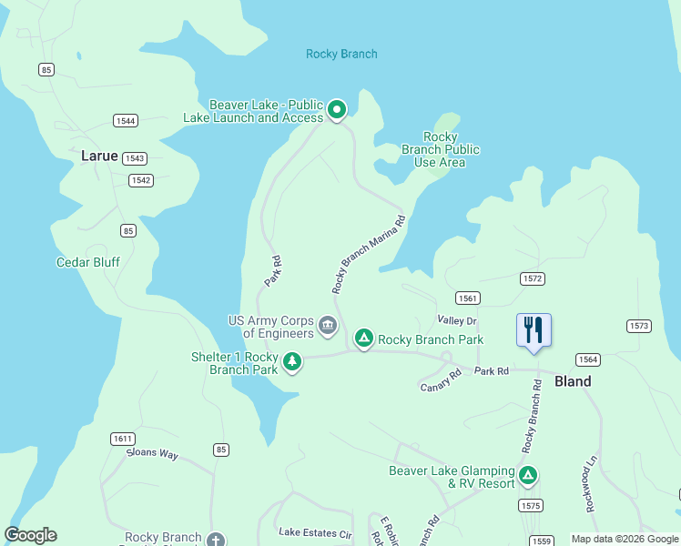 map of restaurants, bars, coffee shops, grocery stores, and more near Rocky Branch Marina Road in Rogers