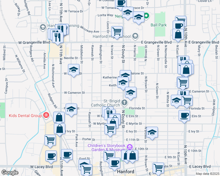 map of restaurants, bars, coffee shops, grocery stores, and more near 1215 North Irwin Street in Hanford