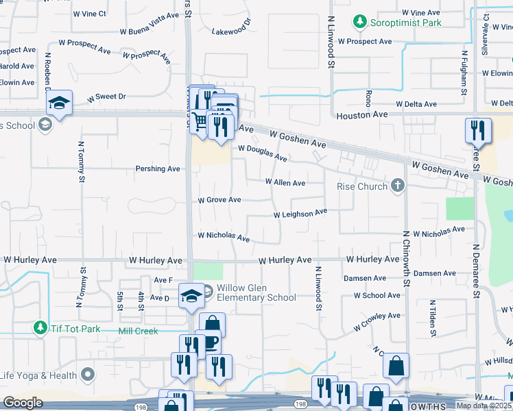 map of restaurants, bars, coffee shops, grocery stores, and more near 4933 West Grove Avenue in Visalia