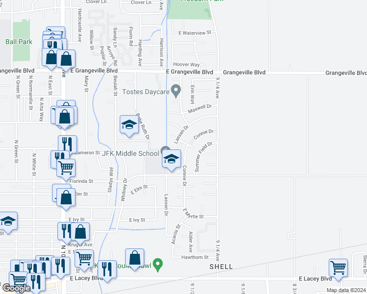 map of restaurants, bars, coffee shops, grocery stores, and more near 1190 Connie Drive in Hanford