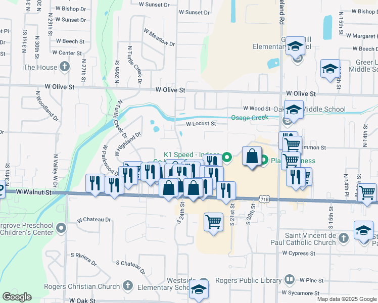 map of restaurants, bars, coffee shops, grocery stores, and more near 2320 West Beechwood Drive in Rogers