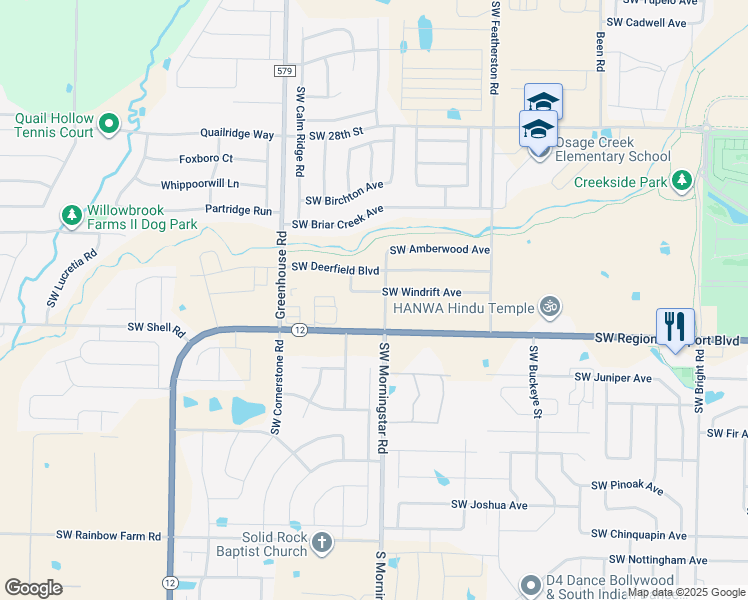 map of restaurants, bars, coffee shops, grocery stores, and more near 3301 Southwest Windrift Avenue in Bentonville