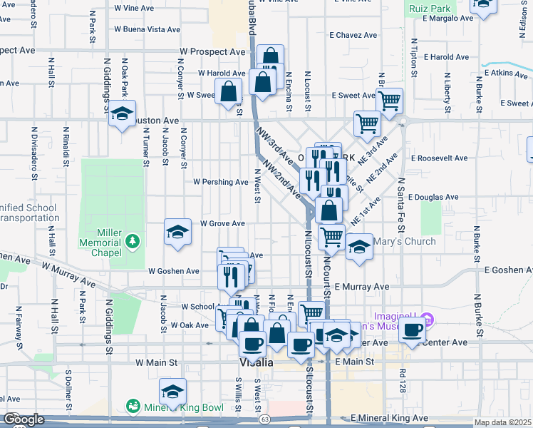 map of restaurants, bars, coffee shops, grocery stores, and more near 813 North Floral Street in Visalia