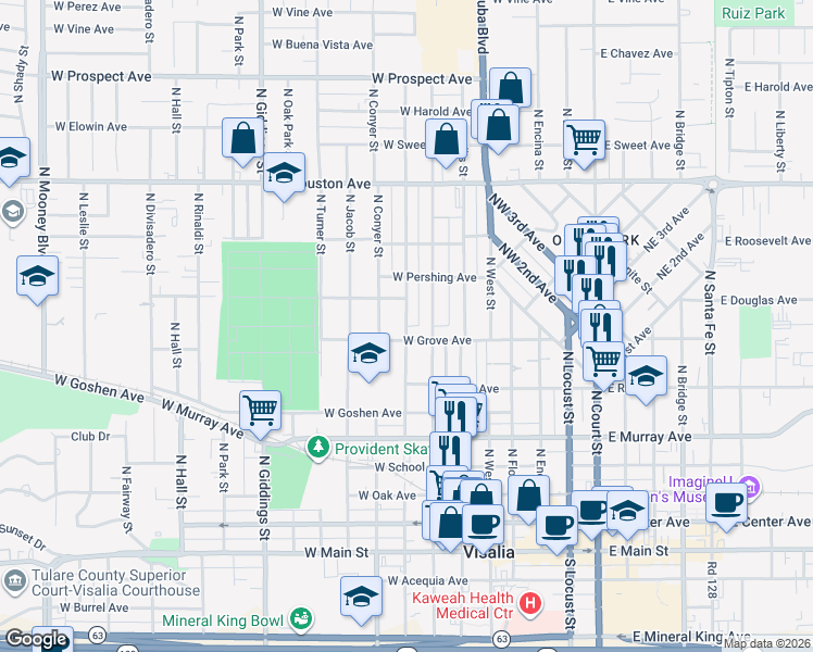 map of restaurants, bars, coffee shops, grocery stores, and more near North Stevenson Street in Visalia