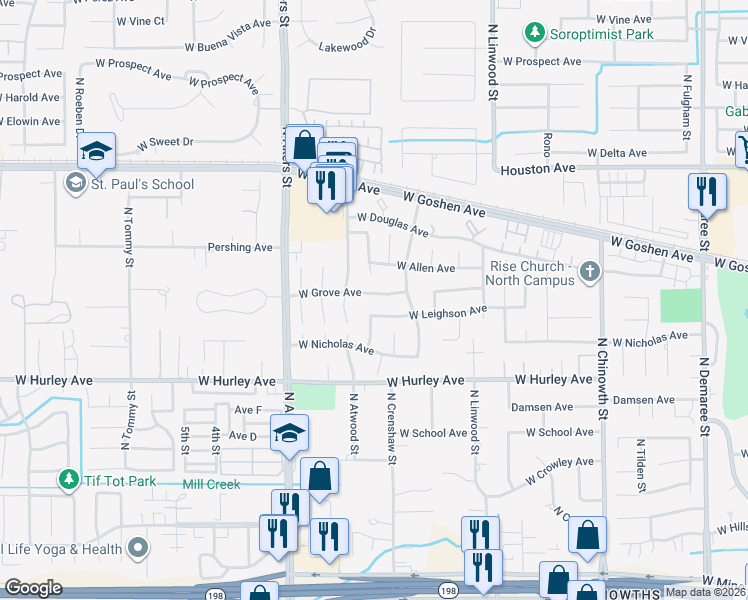 map of restaurants, bars, coffee shops, grocery stores, and more near 4933 West Grove Avenue in Visalia