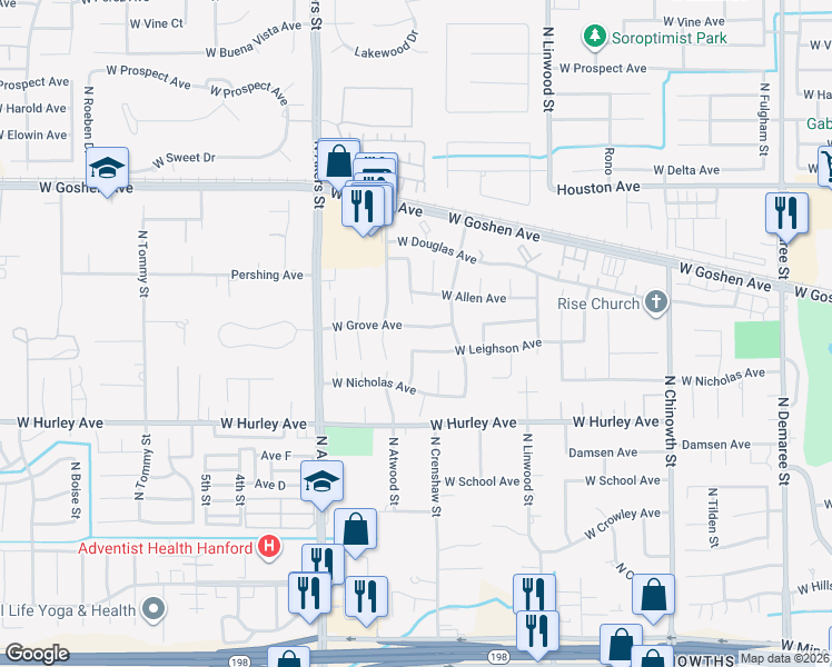 map of restaurants, bars, coffee shops, grocery stores, and more near 4933 West Grove Avenue in Visalia