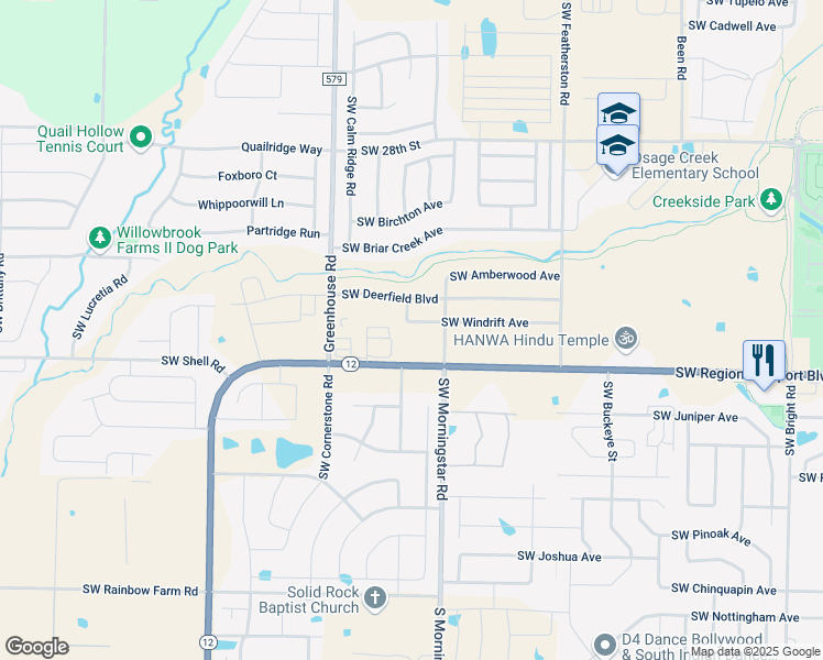 map of restaurants, bars, coffee shops, grocery stores, and more near 3403 Southwest Windrift Avenue in Bentonville