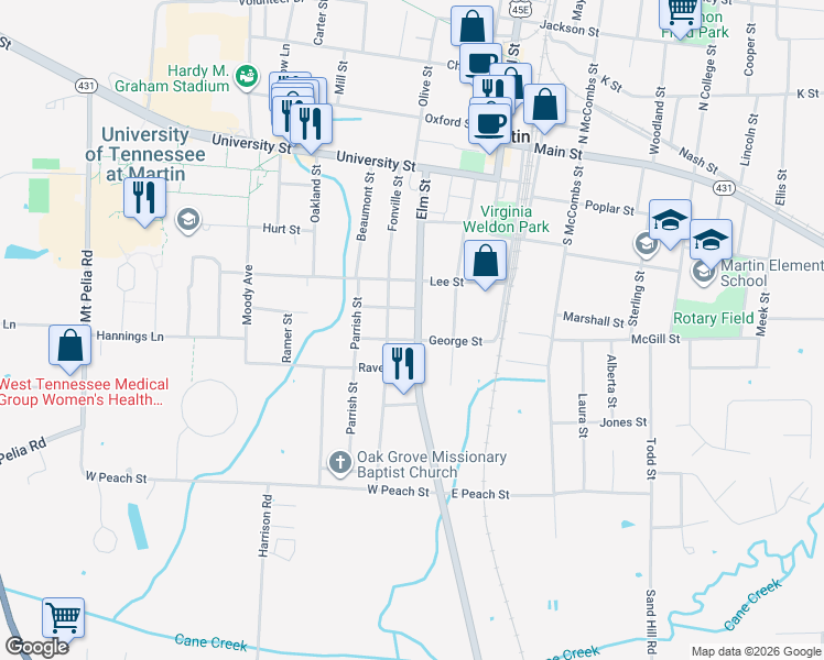 map of restaurants, bars, coffee shops, grocery stores, and more near 409 Elm Street in Martin