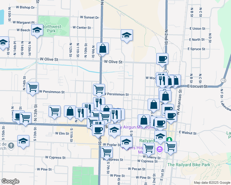 map of restaurants, bars, coffee shops, grocery stores, and more near 511 North 7th Street in Rogers