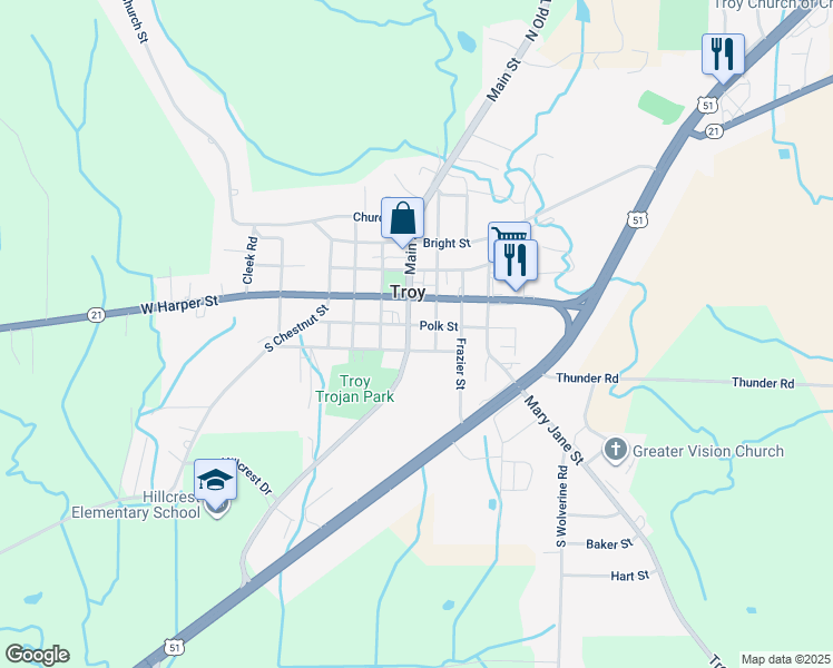 map of restaurants, bars, coffee shops, grocery stores, and more near 121 Polk Street in Troy