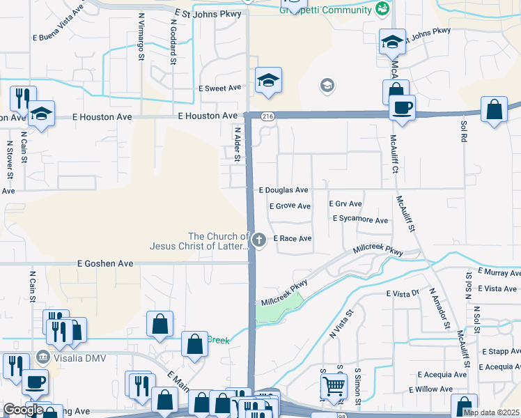 map of restaurants, bars, coffee shops, grocery stores, and more near 802 N Lovers Ln in Visalia