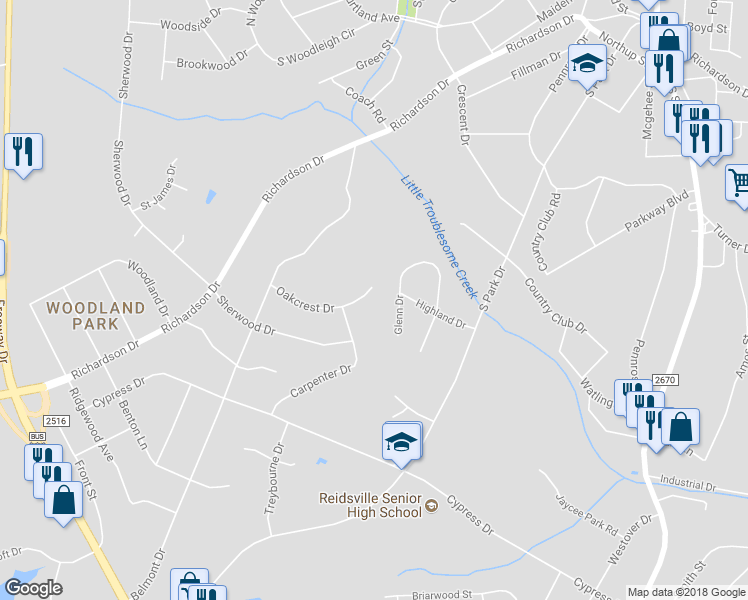 map of restaurants, bars, coffee shops, grocery stores, and more near 909 Oakcrest Drive in Reidsville