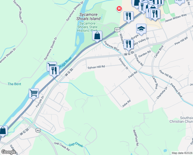map of restaurants, bars, coffee shops, grocery stores, and more near 1750 Sylvan Hill Road in Elizabethton