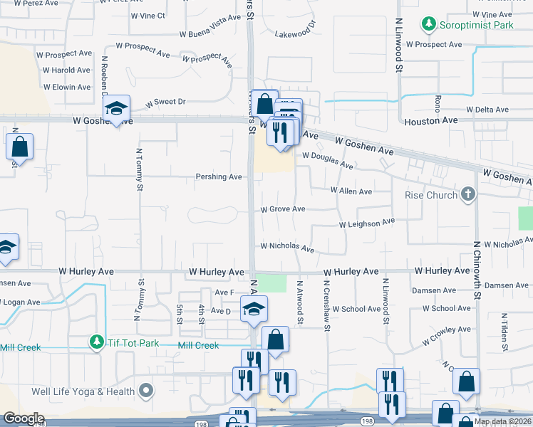 map of restaurants, bars, coffee shops, grocery stores, and more near 950 North Oakwood Court in Visalia