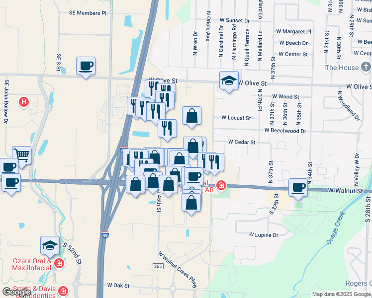 map of restaurants, bars, coffee shops, grocery stores, and more near 301 North 46th Street in Rogers