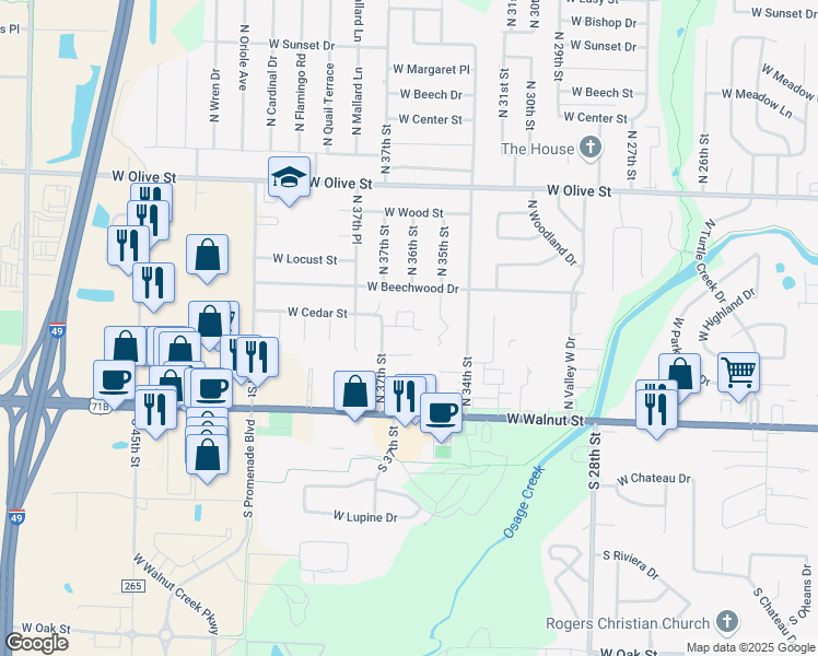 map of restaurants, bars, coffee shops, grocery stores, and more near 3510 West Cedar Circle in Rogers