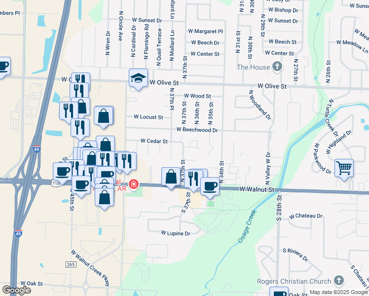 map of restaurants, bars, coffee shops, grocery stores, and more near 3503 West Cedar Circle in Rogers