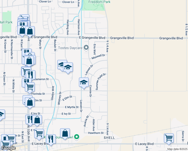 map of restaurants, bars, coffee shops, grocery stores, and more near 1190 Connie Drive in Hanford