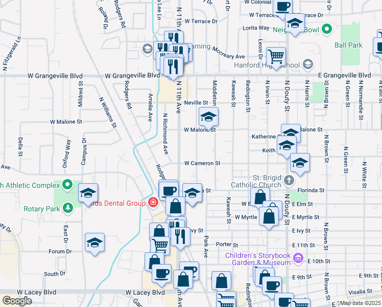 map of restaurants, bars, coffee shops, grocery stores, and more near 1201-1299 Whitmore Street in Hanford
