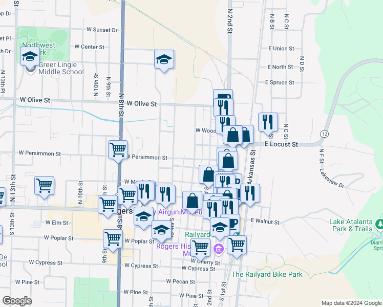 map of restaurants, bars, coffee shops, grocery stores, and more near 515-517 North 4th Street in Rogers