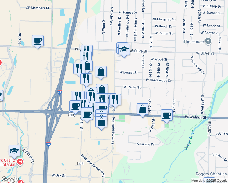 map of restaurants, bars, coffee shops, grocery stores, and more near 409 N 40th St in Rogers
