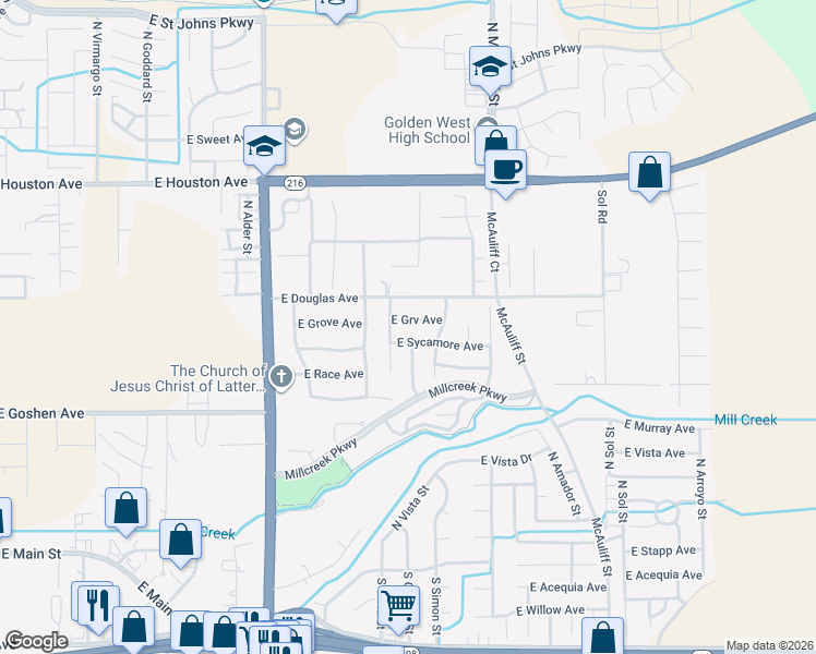 map of restaurants, bars, coffee shops, grocery stores, and more near 3337 East Grove Avenue in Visalia