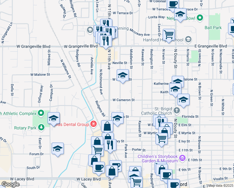 map of restaurants, bars, coffee shops, grocery stores, and more near 1201-1299 Whitmore Street in Hanford