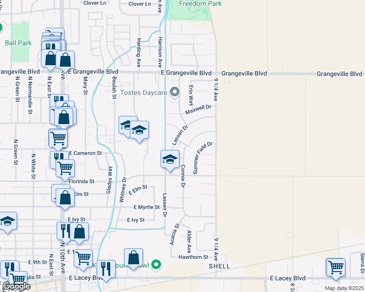 map of restaurants, bars, coffee shops, grocery stores, and more near 1190 Connie Drive in Hanford