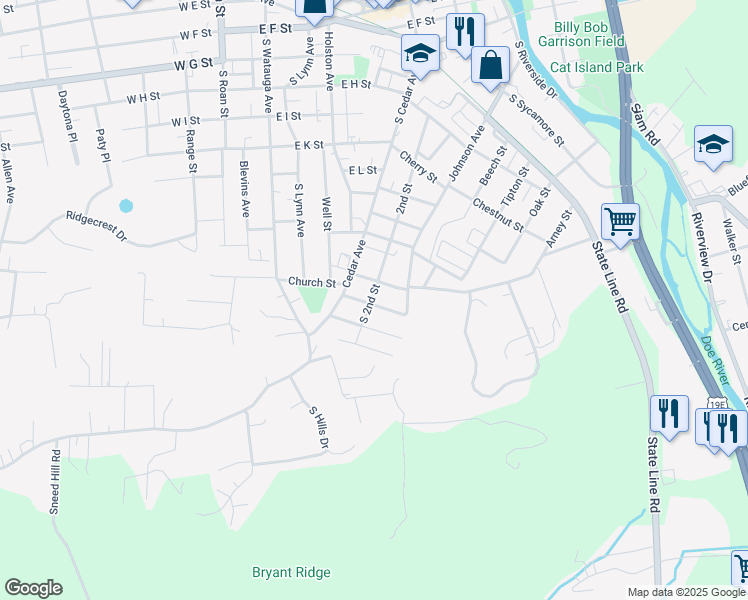 map of restaurants, bars, coffee shops, grocery stores, and more near 1010 South 2nd Street in Elizabethton