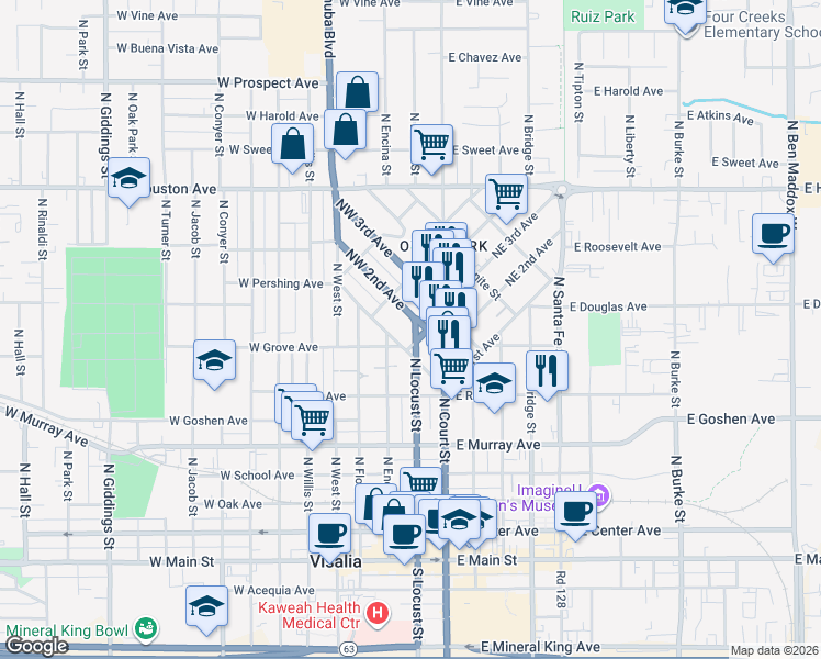map of restaurants, bars, coffee shops, grocery stores, and more near 207 Northwest 2nd Avenue in Visalia