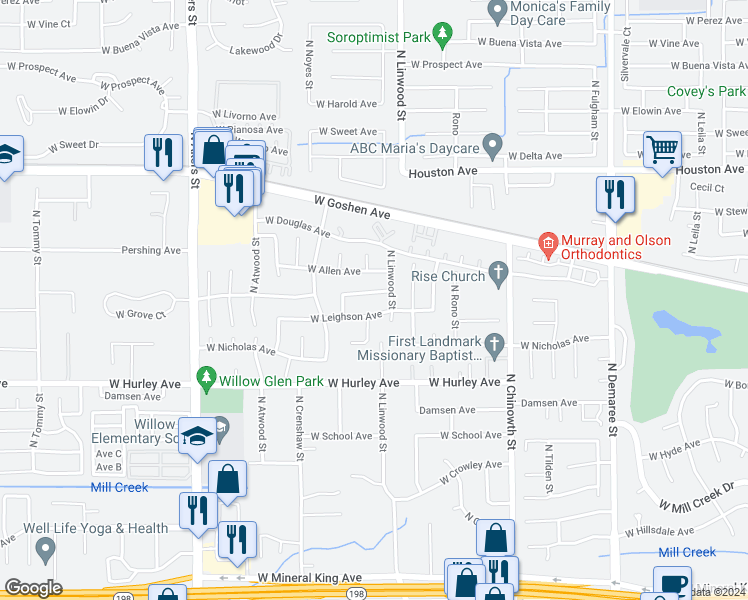 map of restaurants, bars, coffee shops, grocery stores, and more near 4611 West Grove Avenue in Visalia