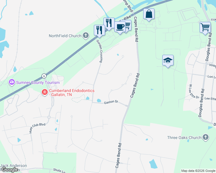 map of restaurants, bars, coffee shops, grocery stores, and more near 109 Tattnall Court in Gallatin
