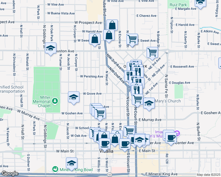 map of restaurants, bars, coffee shops, grocery stores, and more near 817 North Floral Street in Visalia