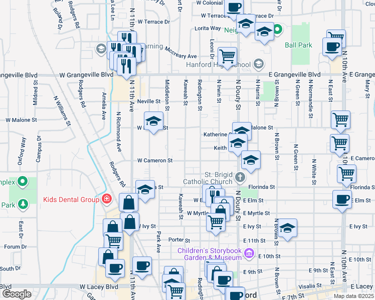 map of restaurants, bars, coffee shops, grocery stores, and more near 1215 Kaweah Street in Hanford