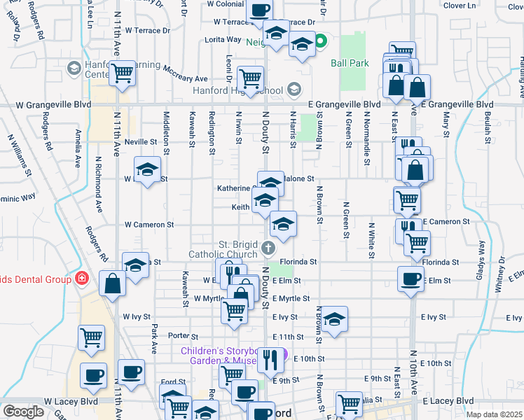 map of restaurants, bars, coffee shops, grocery stores, and more near 1216 North Douty Street in Hanford