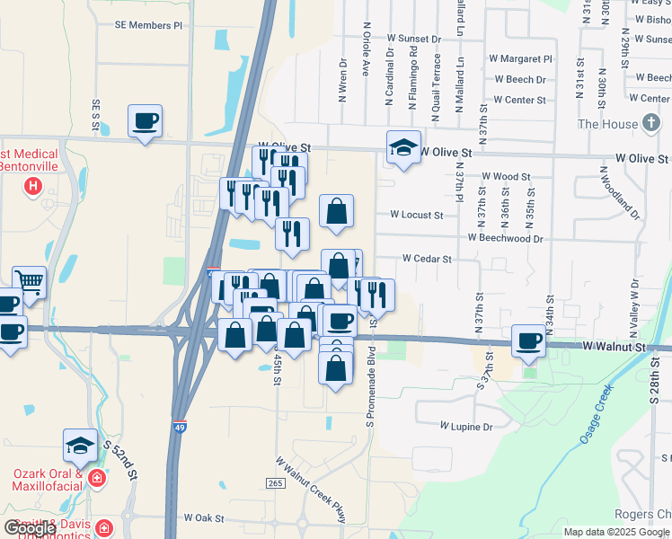 map of restaurants, bars, coffee shops, grocery stores, and more near 301 North 46th Street in Rogers