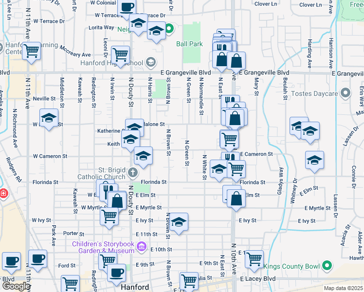 map of restaurants, bars, coffee shops, grocery stores, and more near 322 East Cameron Street in Hanford