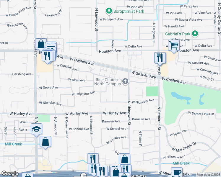 map of restaurants, bars, coffee shops, grocery stores, and more near 1005 North Rono Street in Visalia