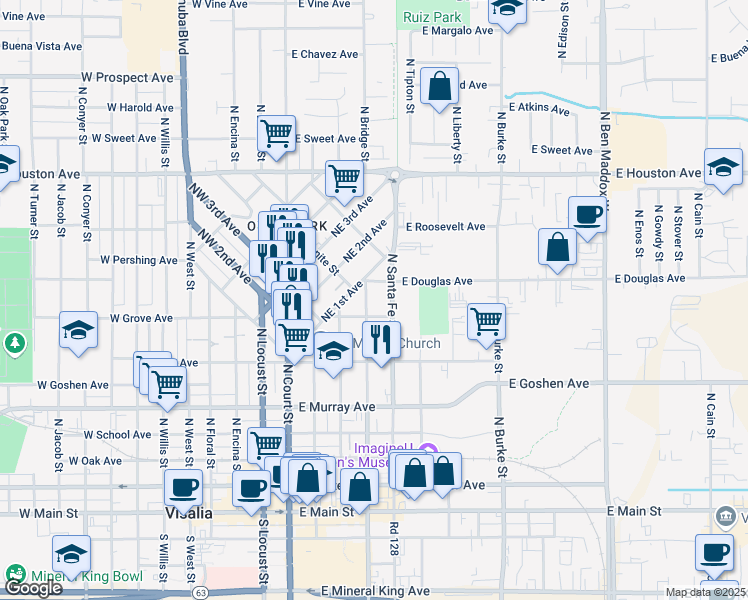 map of restaurants, bars, coffee shops, grocery stores, and more near 712 North Bridge Street in Visalia